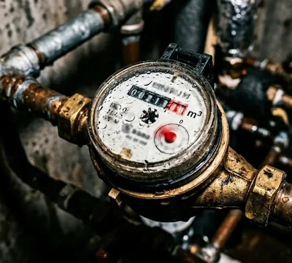 Gros plan sur un compteur d'eau avec gouttes et indicateur de consommation élevée