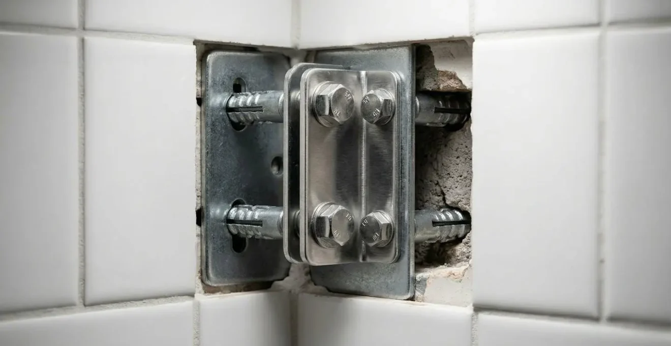 Détail de fixation murale renforcée pour siège de douche PMR avec plaque de répartition