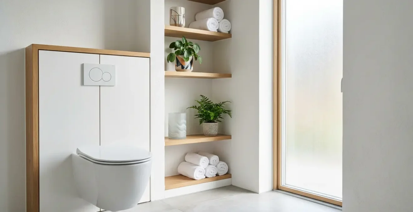 Vue d'ensemble d'un habillage de bâti-support avec rangements astucieux au-dessus de WC suspendus dans une salle de bain moderne