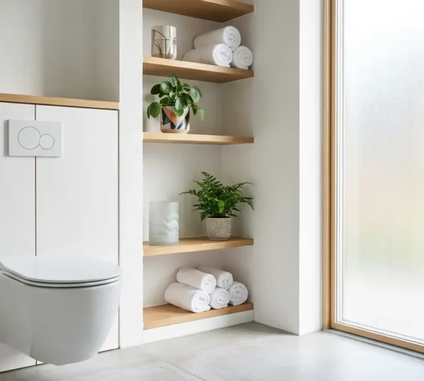 Vue d'ensemble d'un habillage de bâti-support avec rangements astucieux au-dessus de WC suspendus dans une salle de bain moderne