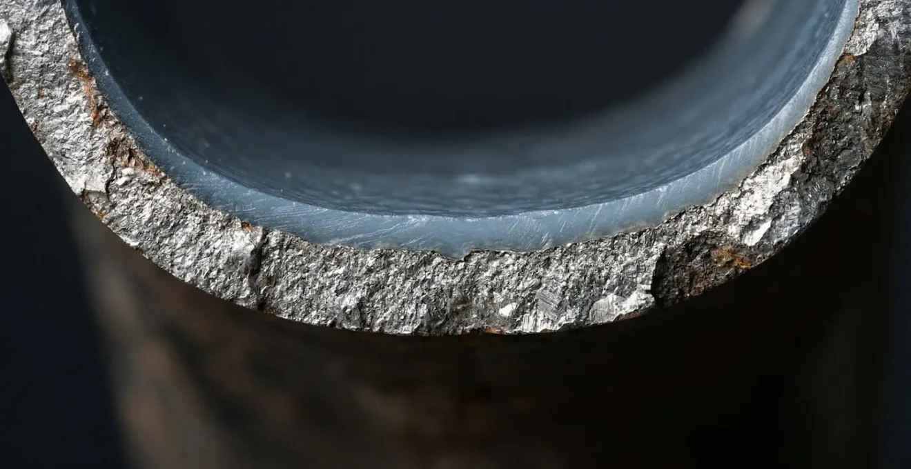Coupe microscopique d'un tuyau métallique montrant la couche protectrice d'inhibiteur sur la surface interne