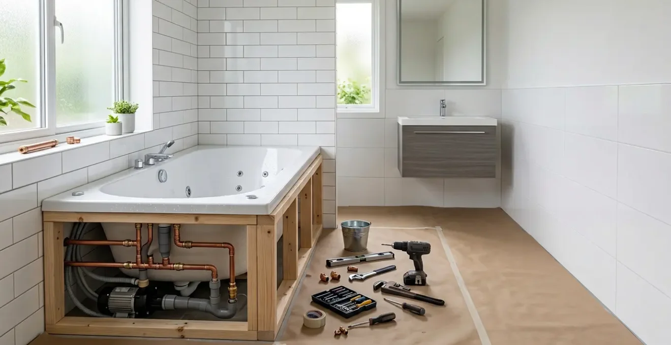 Salle de bain moderne avec baignoire balnéo en cours d'installation