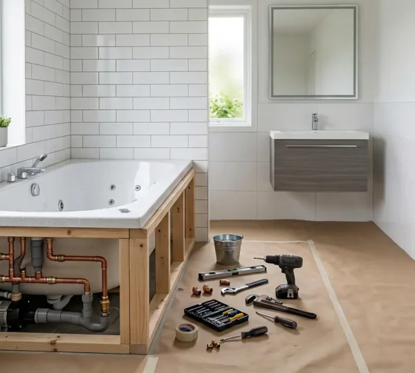 Salle de bain moderne avec baignoire balnéo en cours d'installation