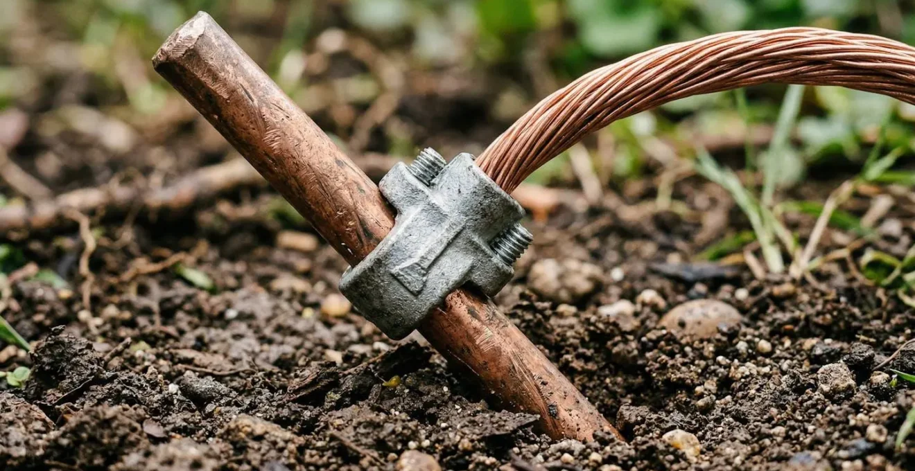 Installation d'un piquet de terre dans le jardin d'une maison avec câble de cuivre