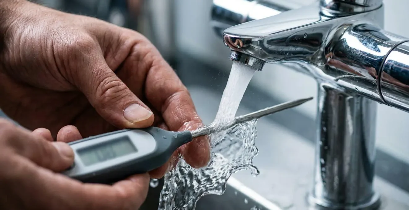 Mains de plombier vérifiant la température avec un thermomètre digital dans une baignoire