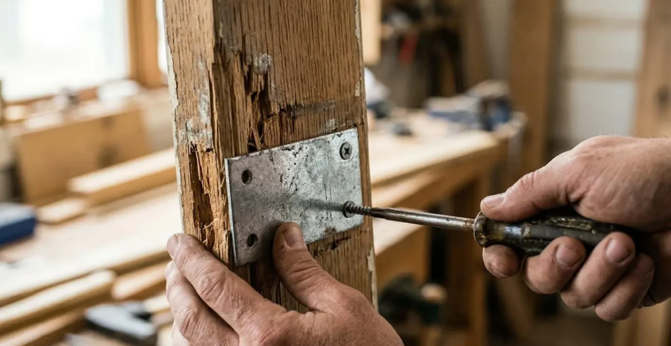 Installation d'une plaque de renfort en acier sur un cadre de porte en bois endommagé avec pose d'un verrou de surface temporaire