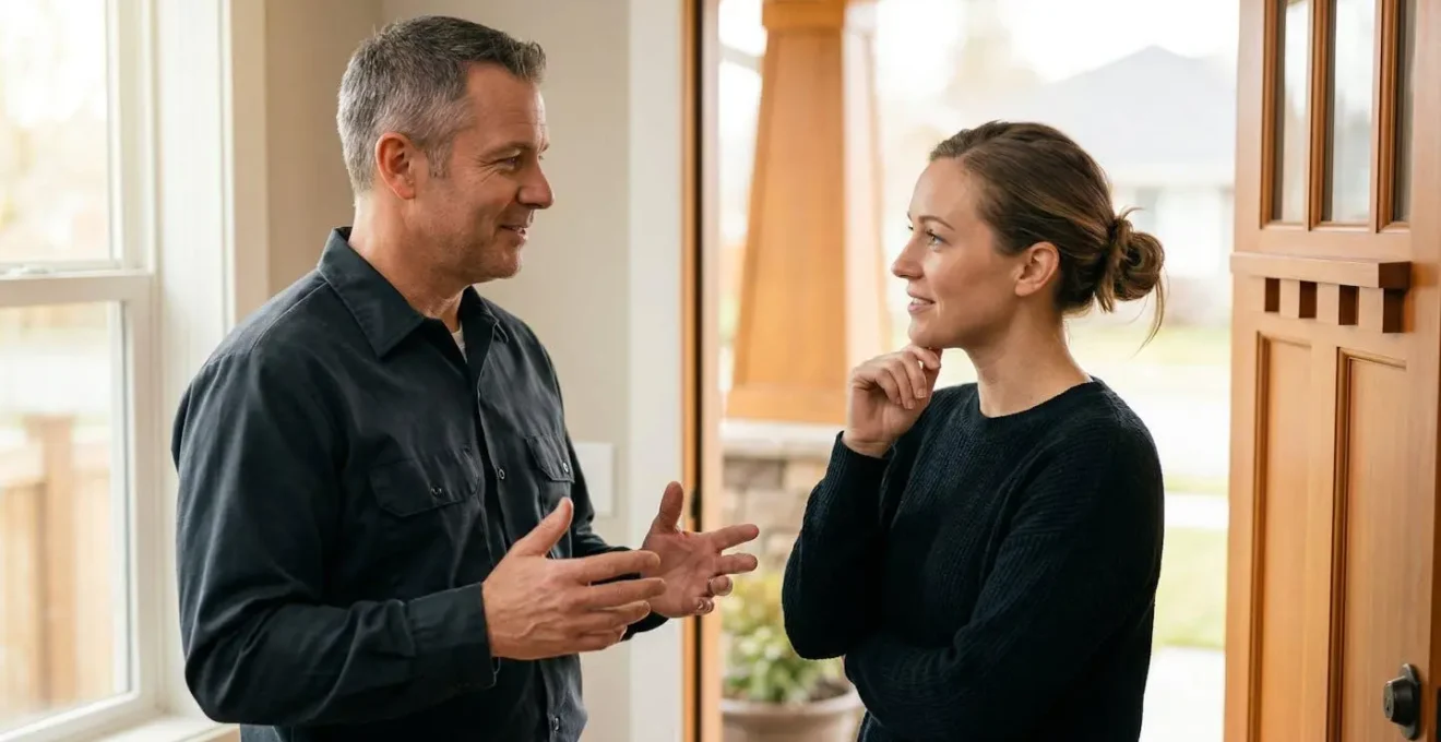 Portrait professionnel montrant l'échange entre un serrurier et son client, expression de confiance et d'expertise