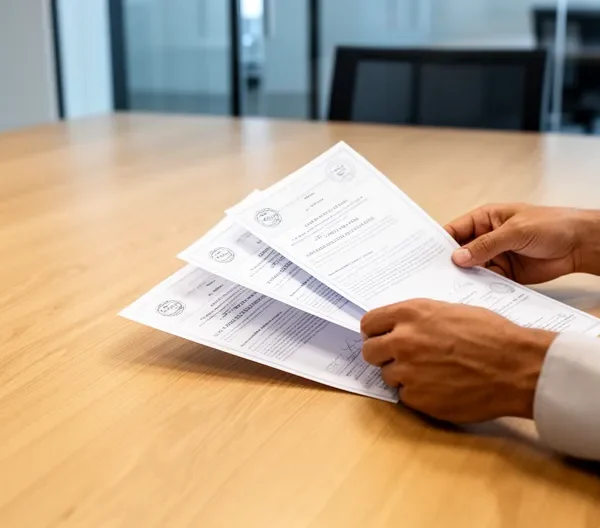 Artisan consultant des documents de certification avec logos de labels de qualité sur un bureau professionnel