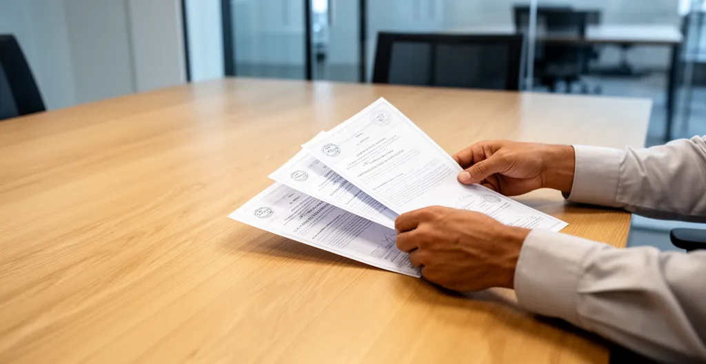 Artisan consultant des documents de certification avec logos de labels de qualité sur un bureau professionnel