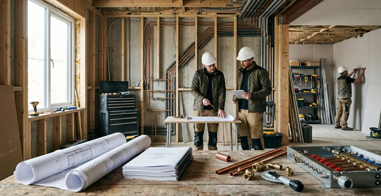 Professionnels du bâtiment coordonnant des travaux de rénovation plomberie et chauffage dans un chantier résidentiel