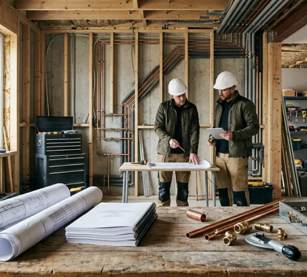 Professionnels du bâtiment coordonnant des travaux de rénovation plomberie et chauffage dans un chantier résidentiel