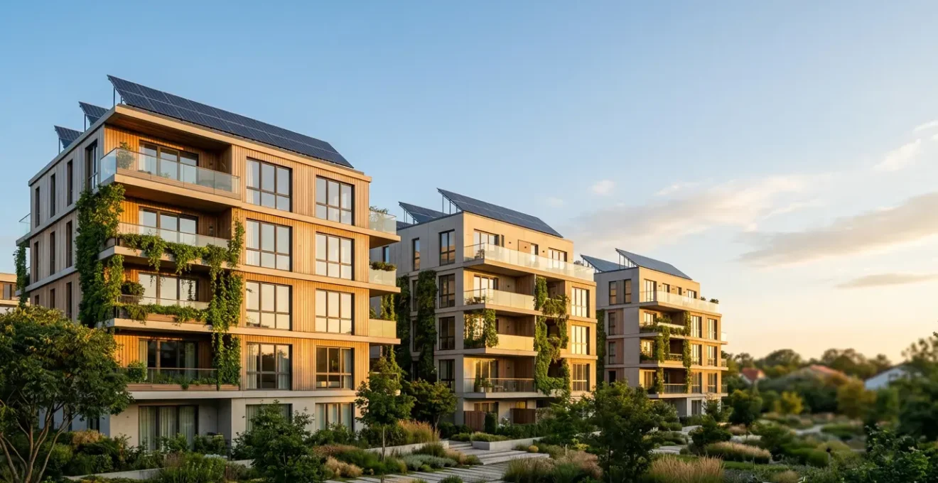 Vue en contre-plongée d'un quartier résidentiel moderne avec des bâtiments performants énergétiquement, panneaux solaires visibles sur les toits et verdure urbaine
