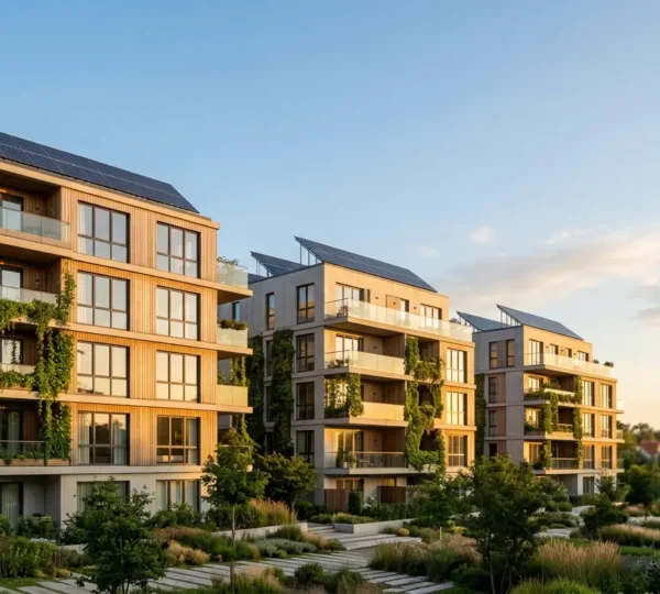 Vue en contre-plongée d'un quartier résidentiel moderne avec des bâtiments performants énergétiquement, panneaux solaires visibles sur les toits et verdure urbaine