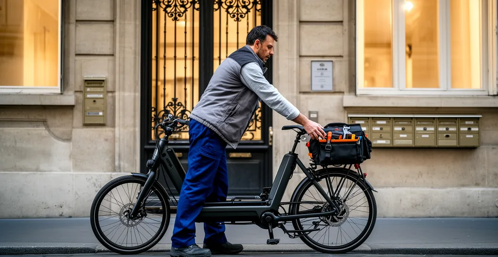 Artisan plombier arrivant chez un client avec son vélo-cargo devant immeuble