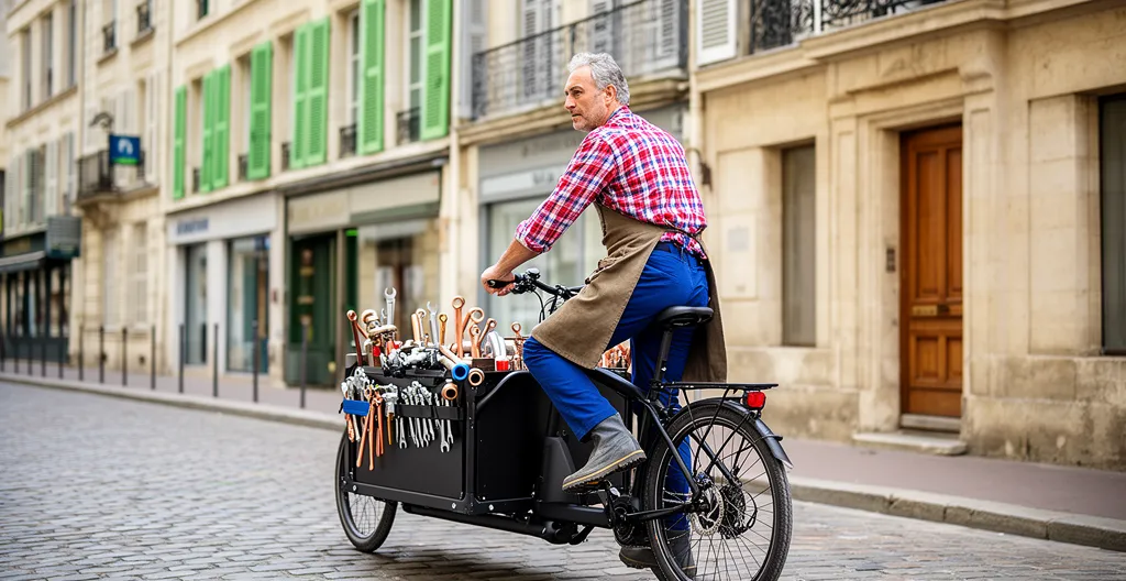 Plombier à vélo-cargo intervenant rapidement en centre-ville français