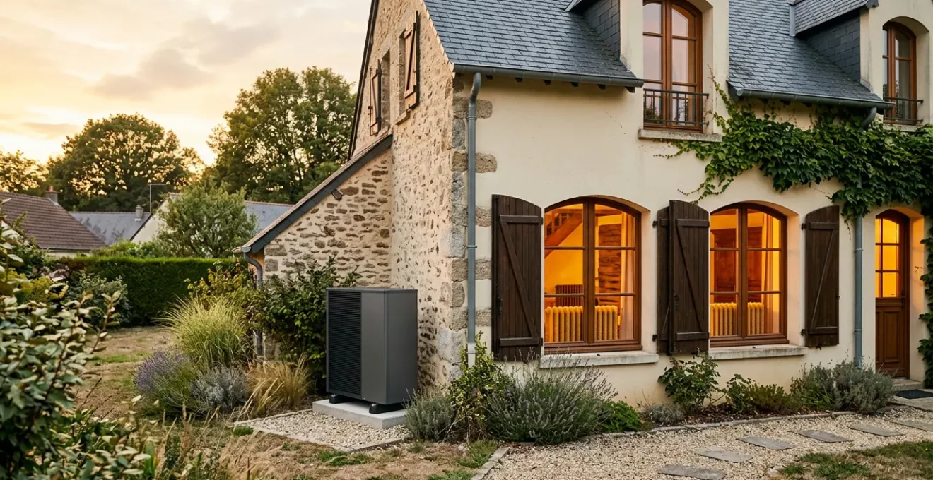 Maison en rénovation avec pompe à chaleur air-eau et radiateurs visibles par la fenêtre