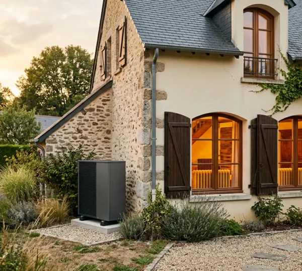 Maison en rénovation avec pompe à chaleur air-eau et radiateurs visibles par la fenêtre