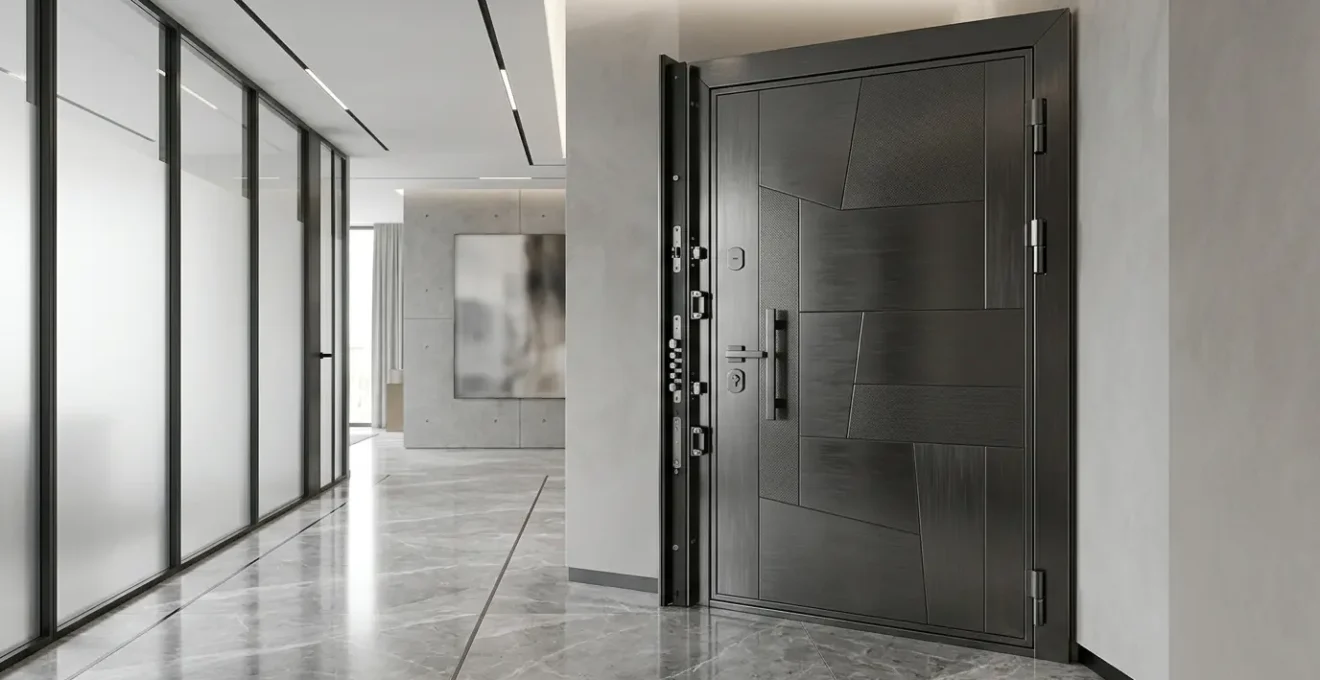 Porte blindée moderne A2P BP3 dans un hall d'entrée élégant avec système de sécurité haute technologie