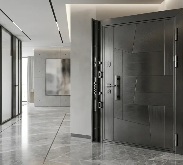 Porte blindée moderne A2P BP3 dans un hall d'entrée élégant avec système de sécurité haute technologie