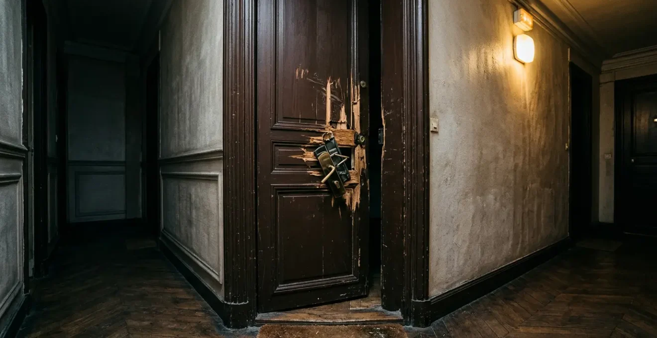 Porte d'entrée en bois avec encadrement fracturé montrant des marques de pied-de-biche et une serrure forcée, éclairée par une lumière d'urgence dans un couloir sombre d'appartement