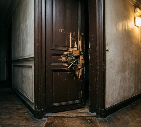 Porte d'entrée en bois avec encadrement fracturé montrant des marques de pied-de-biche et une serrure forcée, éclairée par une lumière d'urgence dans un couloir sombre d'appartement
