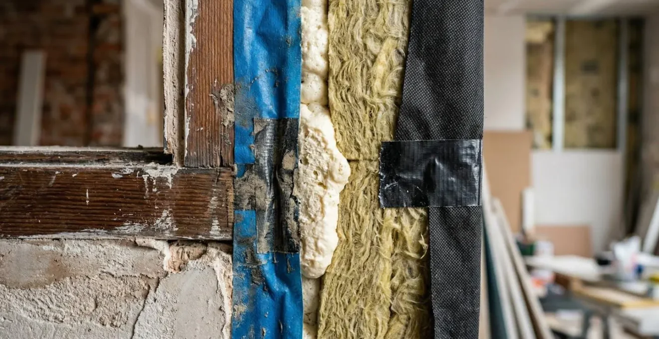 Détail technique de la pose d'une fenêtre montrant les trois plans d'étanchéité : pare-vapeur intérieur, isolant au milieu et pare-pluie extérieur.