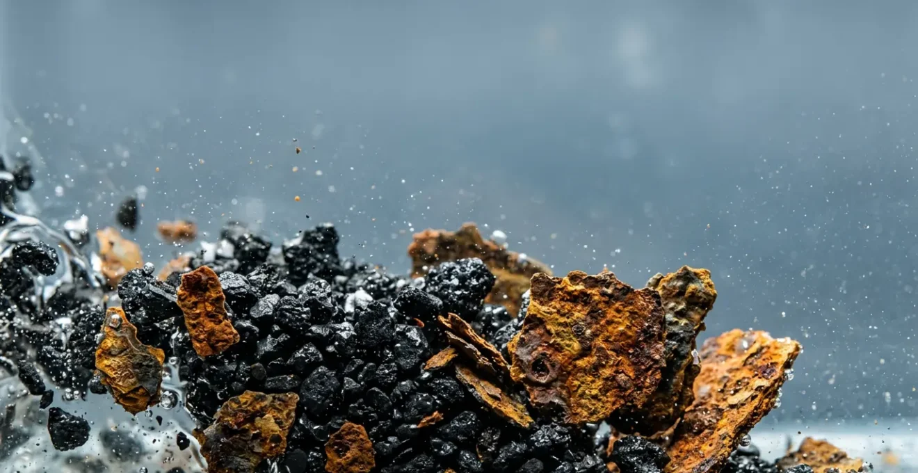 Vue macro de particules de magnétite noires et de corrosion métallique dans l'eau d'un circuit de chauffage