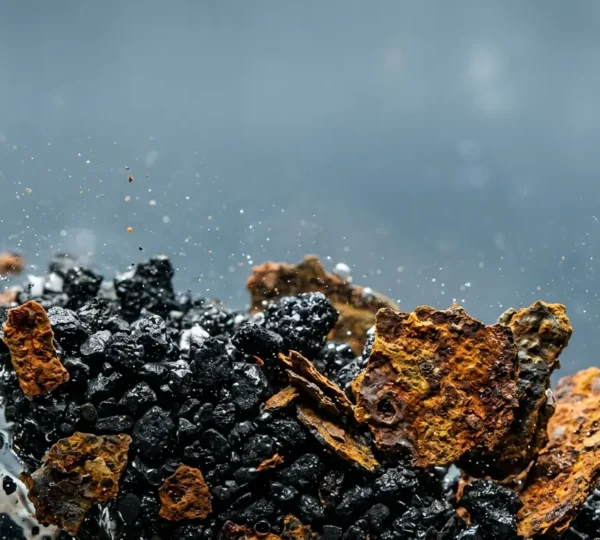 Vue macro de particules de magnétite noires et de corrosion métallique dans l'eau d'un circuit de chauffage