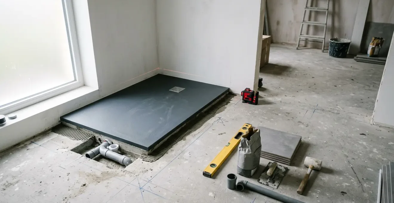 Installation d'un receveur extra-plat dans une salle de bain moderne en rénovation