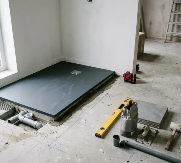 Installation d'un receveur extra-plat dans une salle de bain moderne en rénovation