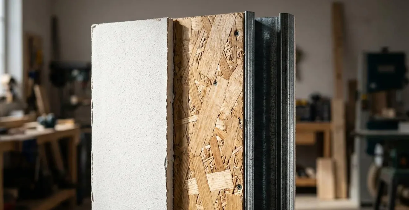 Coupe technique d'une cloison en placo renforcée avec panneau OSB pour installation WC suspendu