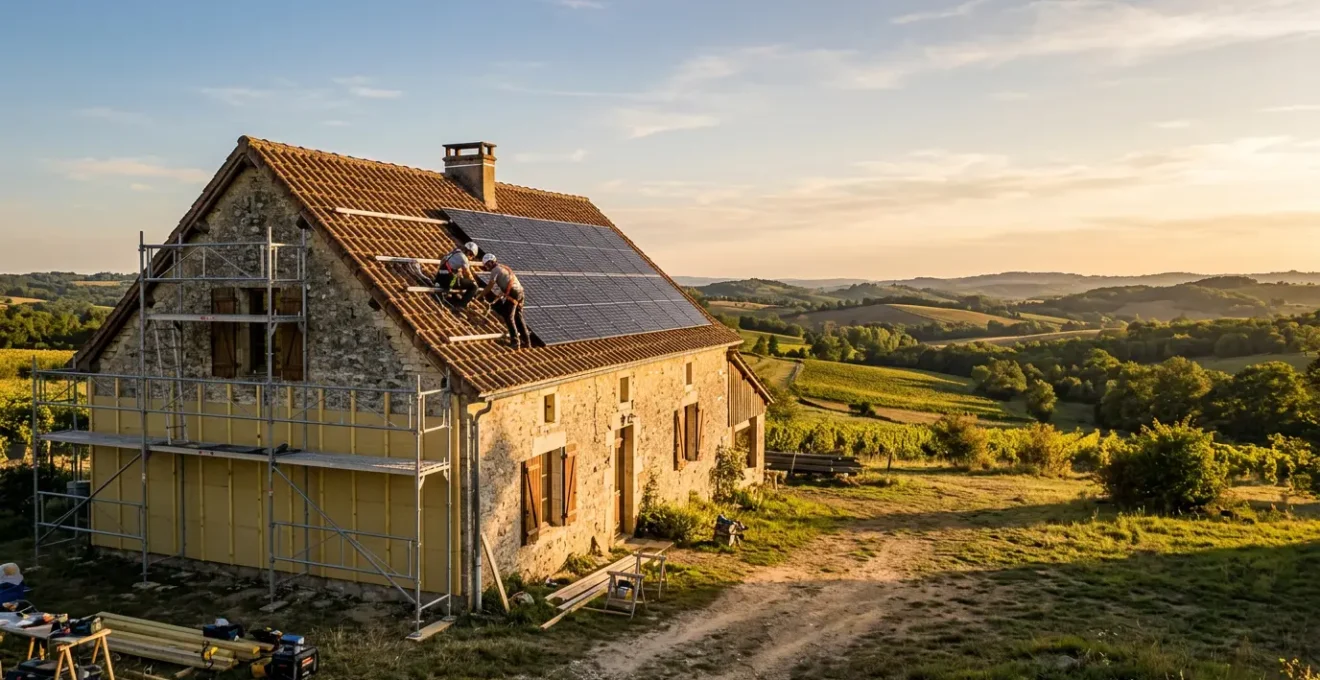 Maison en rénovation avec isolation des murs extérieurs et pose de nouveaux équipements énergétiques