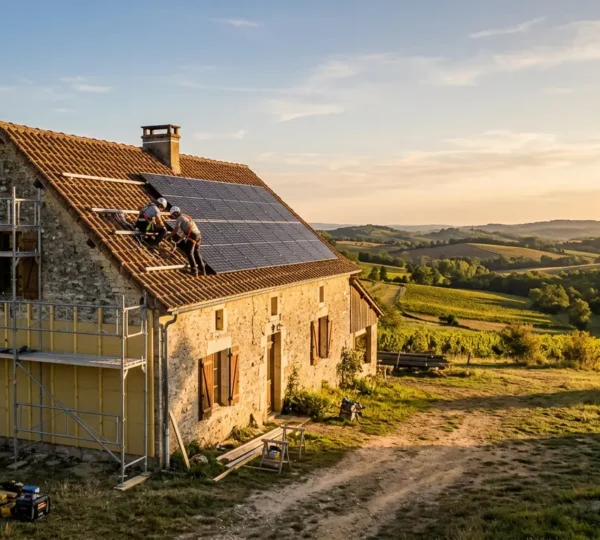 Maison en rénovation avec isolation des murs extérieurs et pose de nouveaux équipements énergétiques