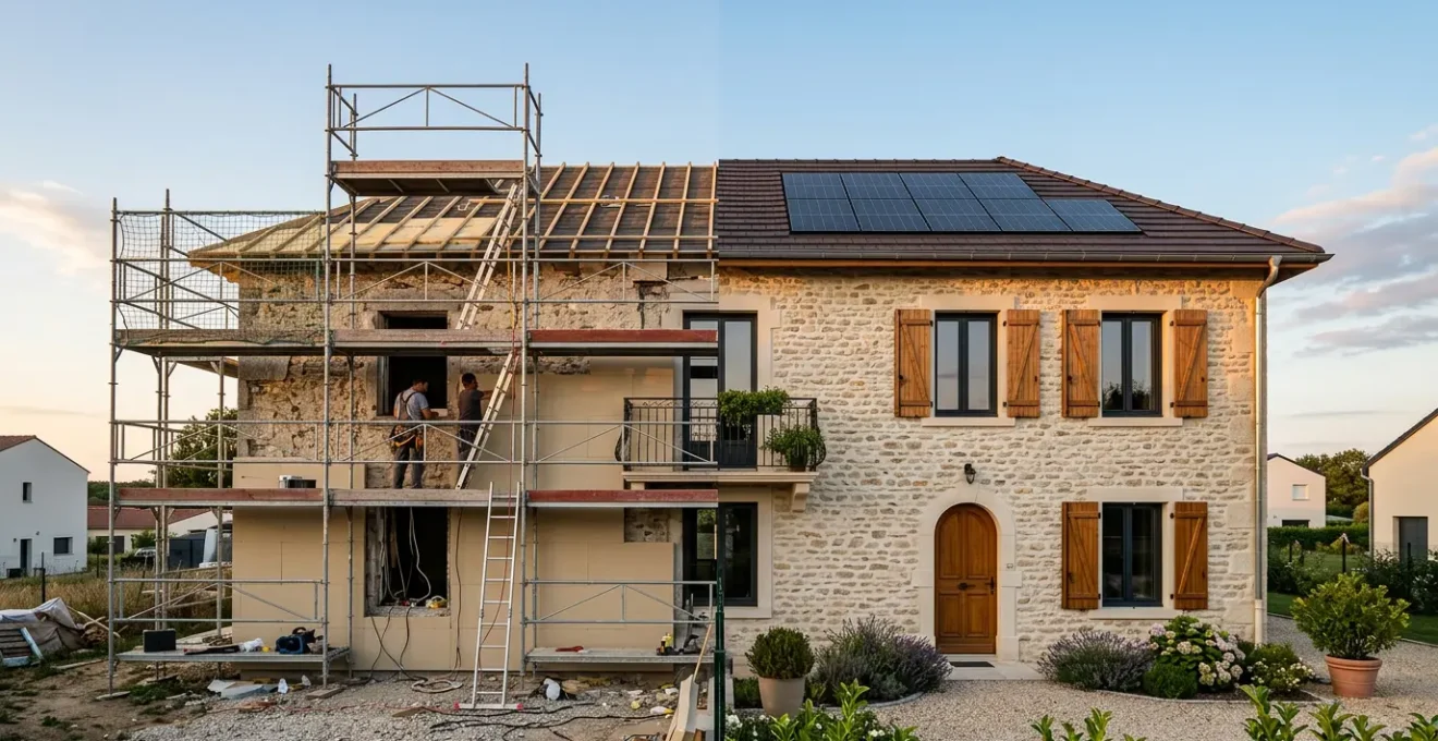Vue comparative d'une maison en cours de rénovation énergétique montrant l'ordre stratégique des travaux