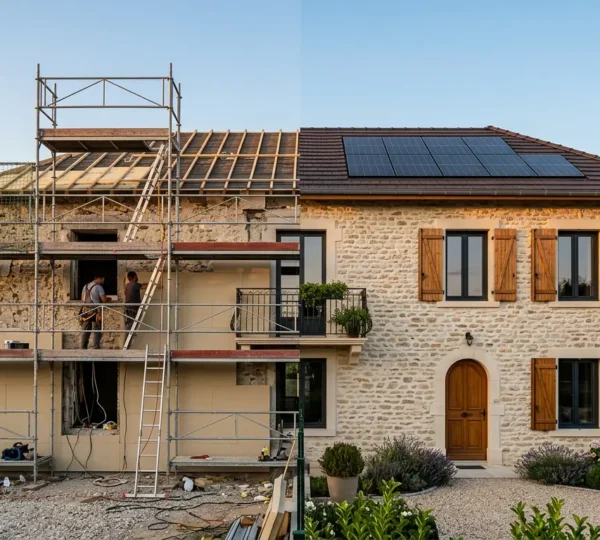 Vue comparative d'une maison en cours de rénovation énergétique montrant l'ordre stratégique des travaux