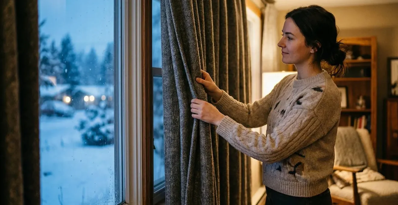 Rideau thermique épais et élégant installé devant une fenêtre en hiver, créant une ambiance chaleureuse.