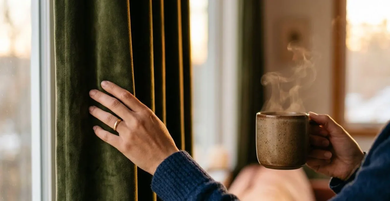 Rideau thermique en velours épais installé du sol au plafond devant une fenêtre