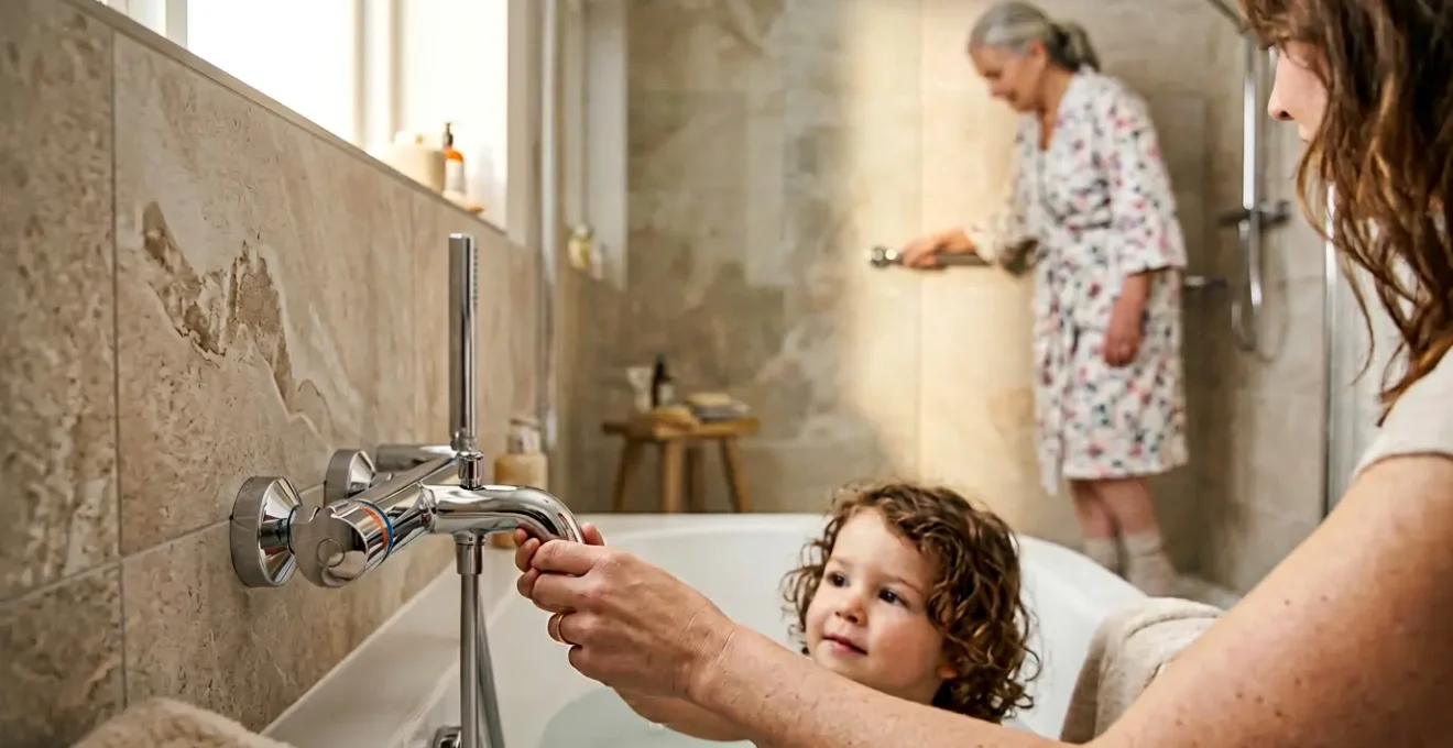 Salle de bain moderne avec robinet thermostatique et famille intergénérationnelle