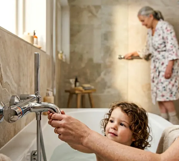 Salle de bain moderne avec robinet thermostatique et famille intergénérationnelle