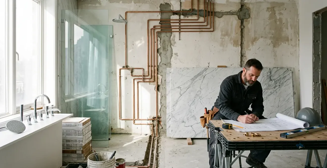 Salle de bain moderne en cours de finition avec artisan examinant des plans détaillés et matériaux haut de gamme visibles