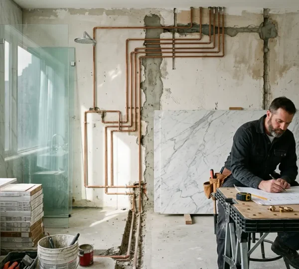 Salle de bain moderne en cours de finition avec artisan examinant des plans détaillés et matériaux haut de gamme visibles