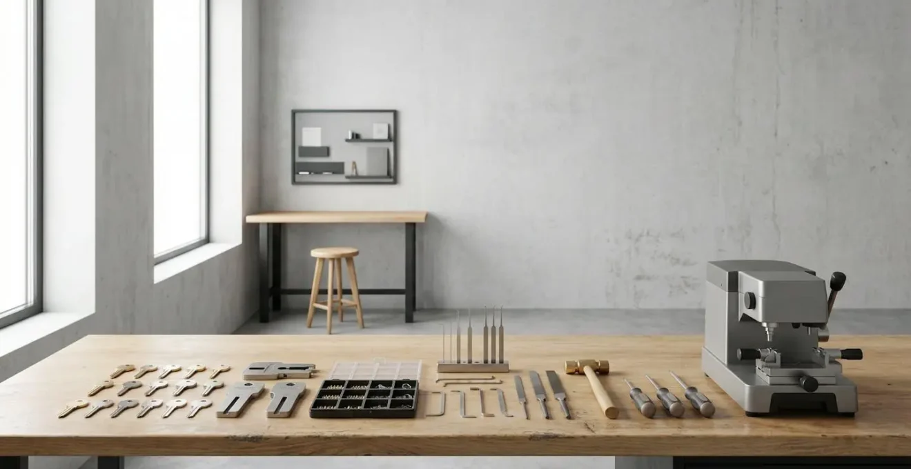 Vue large d'un espace professionnel épuré avec outils de serrurerie disposés méthodiquement sur une surface de travail