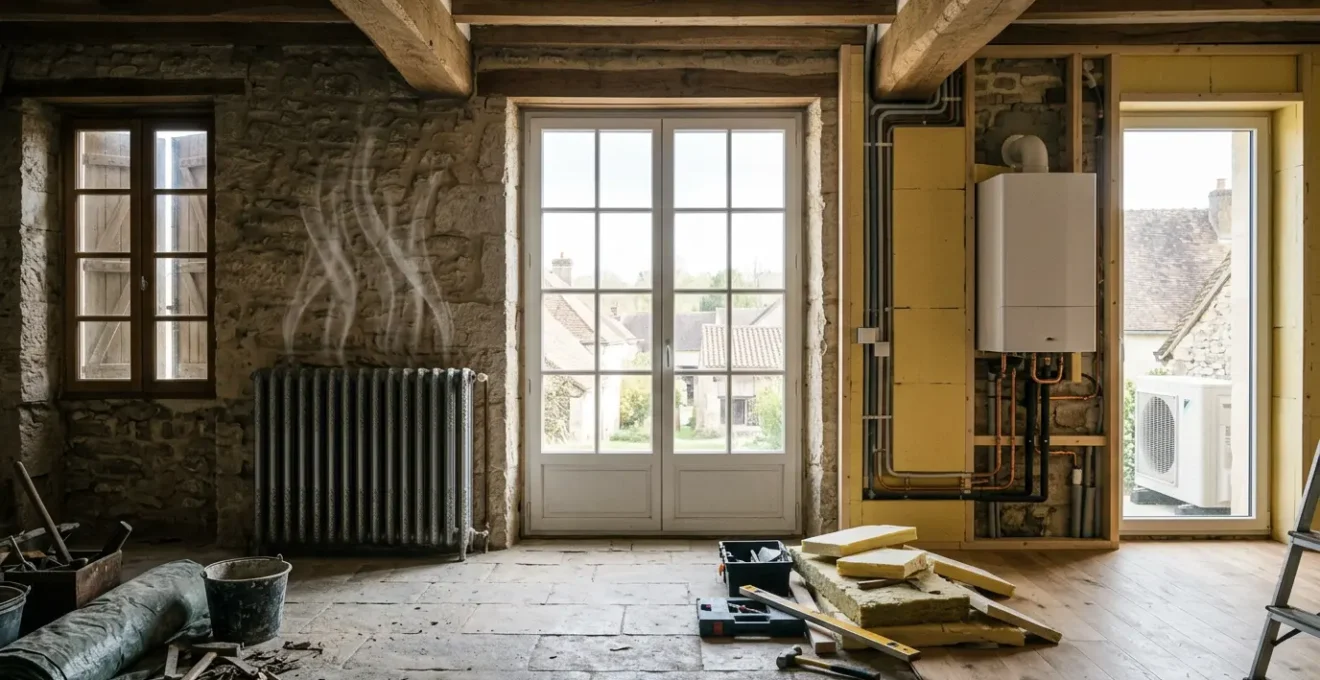 Vue intérieure d'une maison moderne en cours de rénovation énergétique avec comparaison entre ancien et nouveau système