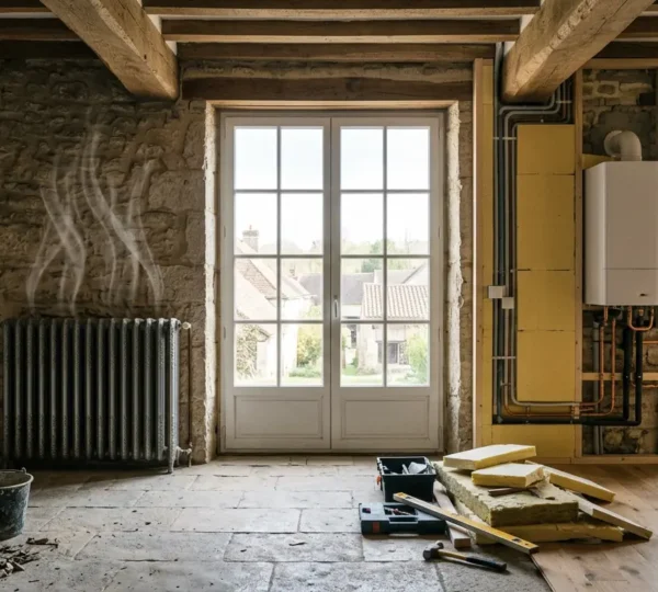 Vue intérieure d'une maison moderne en cours de rénovation énergétique avec comparaison entre ancien et nouveau système