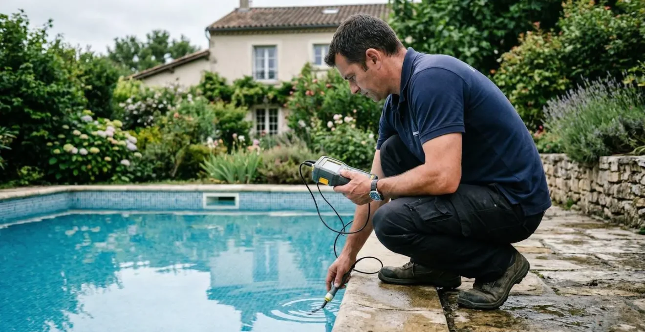 Technicien inspectant le bord d'une piscine pour détecter une fuite à Niort