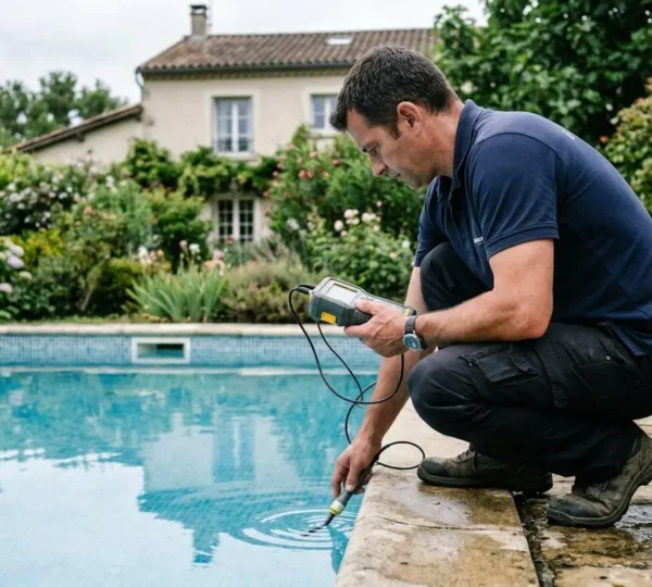 Technicien inspectant le bord d'une piscine pour détecter une fuite à Niort