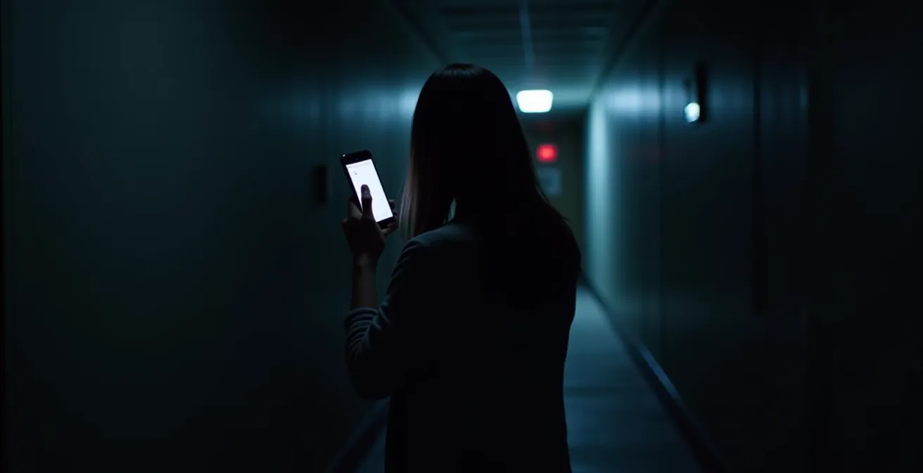 Scène nocturne montrant une personne de dos tenant un téléphone, éclairée par une lumière douce dans un couloir sombre