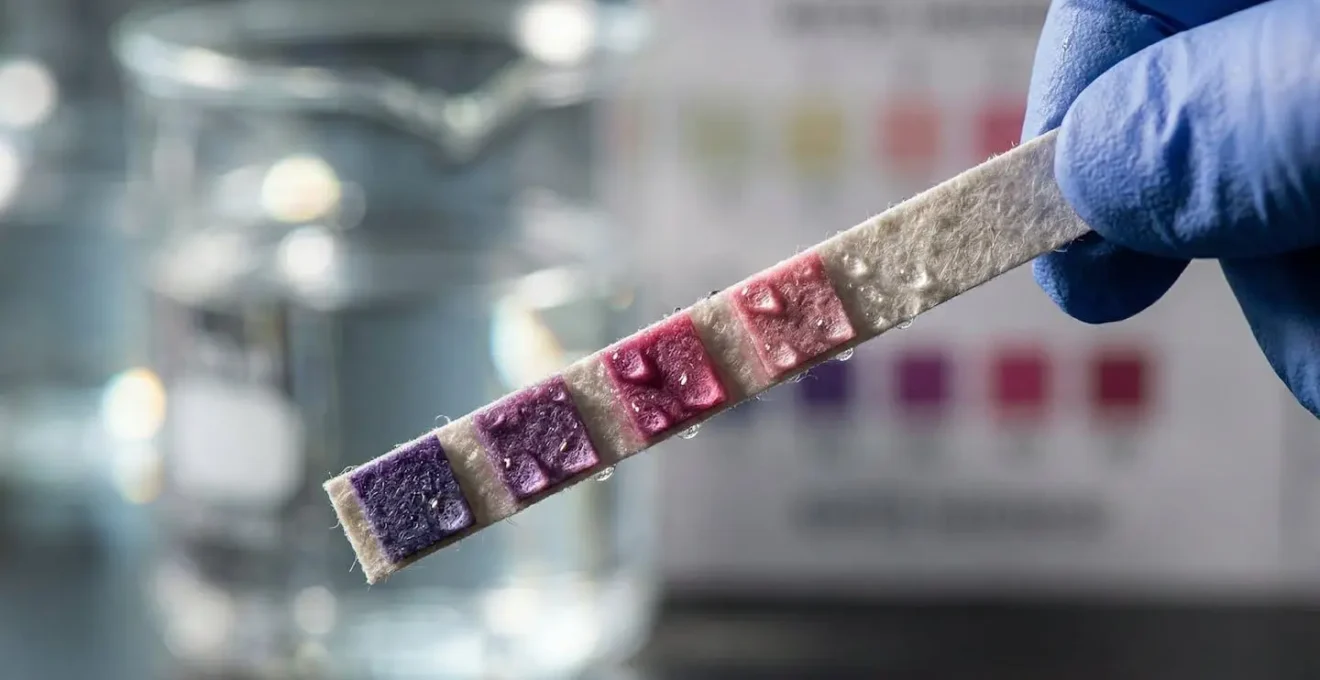 Main tenant une bandelette de test colorimétrique près d'un verre d'eau avec échelle de couleurs floue en arrière-plan
