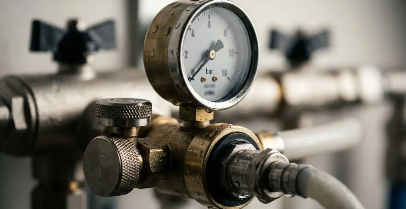 Gros plan sur un manomètre connecté à une nourrice de distribution d'eau lors d'un test de pression