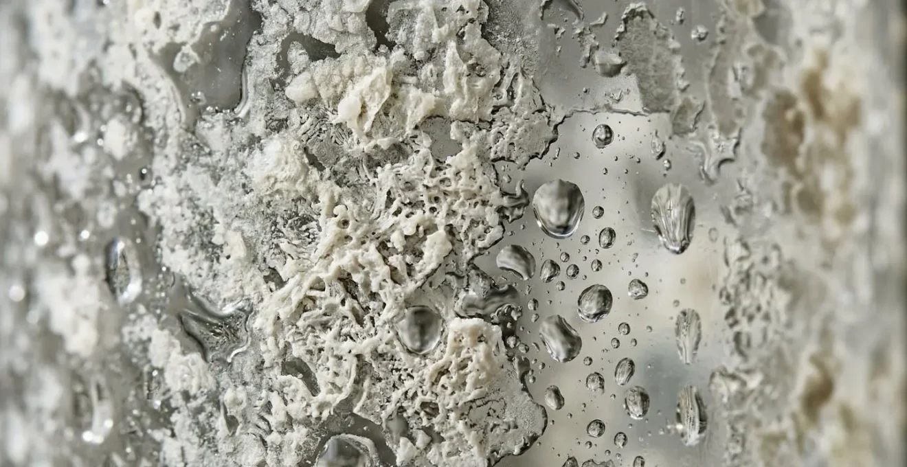 Détail macro de traces de calcaire sur la surface d'une vasque en verre, montrant la difficulté d'entretien.